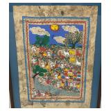 Framed Behind Glass Mexican Folk Art Amate Bark Painting Of Village With Farm Animals 20" x 27"