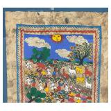 Framed Behind Glass Mexican Folk Art Amate Bark Painting Of Village With Farm Animals 20" x 27"