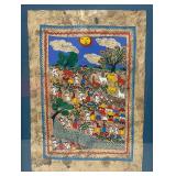 Framed Behind Glass Mexican Folk Art Amate Bark Painting Of Village With Farm Animals 20" x 27"