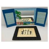 Antique Picture Frame 17" x 21" With Original Silhouette Art And Hand Painted Fold Open Shutter Mirror With Bermuda Art 18" x 20" Closed And 40" x 18" Open