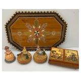 Vintage Handmade Wooden Music Boxes, Hummel Wooden Music Box & Inlaid Wooden Laquered Serving Tray (Cracks Present In Clearcoat)