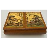 Vintage Handmade Wooden Music Boxes, Hummel Wooden Music Box & Inlaid Wooden Laquered Serving Tray (Cracks Present In Clearcoat)