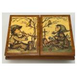 Vintage Handmade Wooden Music Boxes, Hummel Wooden Music Box & Inlaid Wooden Laquered Serving Tray (Cracks Present In Clearcoat)