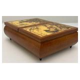 Vintage Handmade Wooden Music Boxes, Hummel Wooden Music Box & Inlaid Wooden Laquered Serving Tray (Cracks Present In Clearcoat)