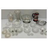 Vintage Crystal And Glass Items Including Fostoria Silver Plate Overlay Divided Snack Dish And More