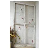 ECFE - wood bookshelf and a farm window with chicken coop wire and a tin milk can with foliage