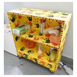 GymO- Brightly painted wood shelf and contents