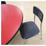 Rm 114 - Red 4ft table with 4 blue chairs