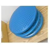 Rm 111B - 2 light stands and a double sided bookshelf and 3 balance discs