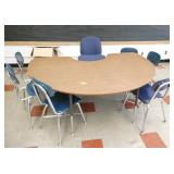 Rm 105 - half moon desk with 6 kids chairs and 1 adult