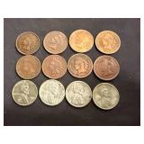 8 Indian Head Pennies & 4 Steel Wheel Pennies