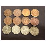 8 Indian Head Pennies & 4 Steel Wheel Pennies