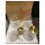 Ribbed Glass Decanters with Gold Handles - 2 Large Decanters & 2 Brass Lids