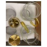 Ribbed Glass Decanters with Gold Handles - 2 Large Decanters & 2 Brass Lids