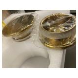 Ribbed Glass Decanters with Gold Handles - 2 Large Decanters & 2 Brass Lids