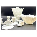Vintage Fenton Daisy & Button Milk Glass Candelabra Pair with Bowl, Vase and Shoe