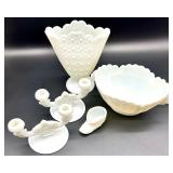 Vintage Fenton Daisy & Button Milk Glass Candelabra Pair with Bowl, Vase and Shoe