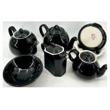 Vintage Hall Pottery- Black Glaze Teapots, Creamer and 3 bowls