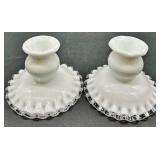 Vintage Fenton Banana Boat Bowl and Candlesticks - Silver Crest with Ruffle Edge