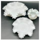 Vintage Silver Crest Fenton Glass Ruffled Edge Bon Bon Dish, Rose Bowl and Bowl
