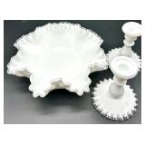 Fenton Milk Glass Silver Crest Bowl & Candlesticks Set