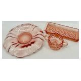 Vintage Pink Depression Glass Set - Large Bowl & Diamond Pattern Tray, Sugar Bowl