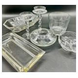 Vintage Glassware Set including Twisted-Stem Candlesticks, Hex Leaf Dish, Tumbler and More