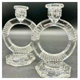 Libochovice - Vintage Art Deco Clear Glass Ring Candlesticks - Czech