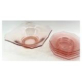 Vintage Pink Depression Glass Octagonal Bowl and plates