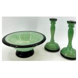 Indiana Glass Vintage Art Deco Green Candlesticks & Compote Bowl