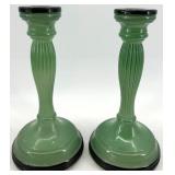 Indiana Glass Vintage Art Deco Green Candlesticks & Compote Bowl