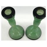 Indiana Glass Vintage Art Deco Green Candlesticks & Compote Bowl