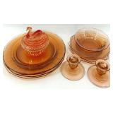 Vintage Amber Jeanette Swan Powder Jar, Candle holders and plates
