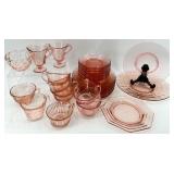 Vintage Pink Depression Glassware Set - Cups & Saucers, Bowls, Plates & Goblets