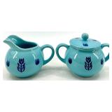 Vintage Cronin Pottery - Blue Tulip Pattern 3-Piece Set: Pitcher, Creamer & Lidded Sugar Bowl