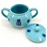 Vintage Cronin Pottery - Blue Tulip Pattern 3-Piece Set: Pitcher, Creamer & Lidded Sugar Bowl
