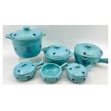 Vintage Cronin Pottery Blue Tulip Pattern Turquoise Lidded Pot Set