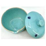Vintage Cronin Pottery Blue Tulip Pattern Turquoise Lidded Pot Set