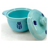 Vintage Mid Century Cronin Pottery - Blue Tulip Pattern - Teapot with Lid, Creamer & Sugar, Divided Dish