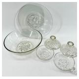 Vintage Jeanette Daisy Pattern Clear Glass Bowls and Candlestick Holders