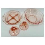 Vintage Pink Depression Glass Serving Dishes including Divided Dish, Bowl and Candlesticks