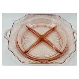 Vintage Pink Depression Glass Serving Dishes including Divided Dish, Bowl and Candlesticks