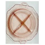 Vintage Pink Depression Glass Serving Dishes including Divided Dish, Bowl and Candlesticks