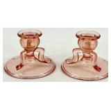 Vintage Pink Depression Glass Serving Dishes including Divided Dish, Bowl and Candlesticks