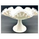 Vintage Fenton Silver Crest Compote Bowl - White Glass Pedestal with Ruffled Rim