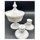 Vintage Fenton Silver Crest Lidded Candy Dish & Candlestick Holders