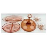 Vintage Pink Depression Glass - Caddy, Dish, Divided Dish and Pair of Candle Holders