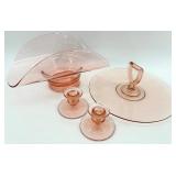 Vintage Pink Glass Banana Bowl, Pair of Candlesticks and Cake Server Plate with Handle