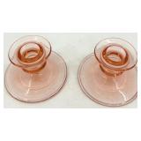 Vintage Pink Glass Banana Bowl, Pair of Candlesticks and Cake Server Plate with Handle