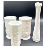 Vintage Westmoreland Paneled Grape Milk Glass Vases and Bud Vase